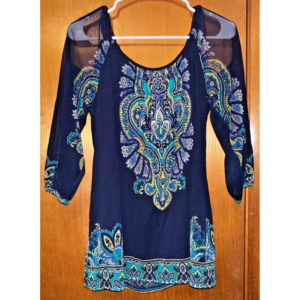 INC International Concepts Paisley Print Tunic Blue Mesh Cut Out Sleeves Size M